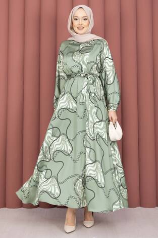 Zincir Desen Kuşaklı Tesettür Elbise Haki