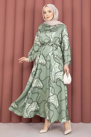 Zincir Desen Kuşaklı Tesettür Elbise Haki - Thumbnail