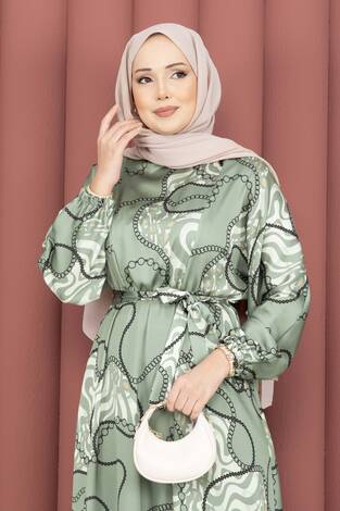 Zincir Desen Kuşaklı Tesettür Elbise Haki - Thumbnail