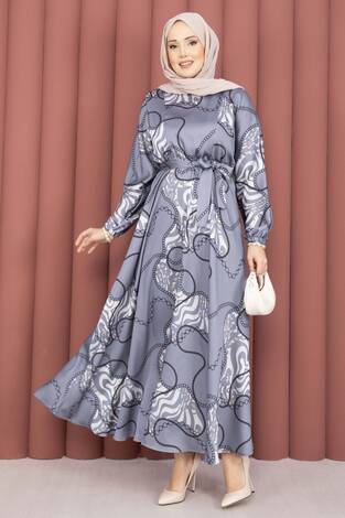 Zincir Desen Kuşaklı Tesettür Elbise İndigo