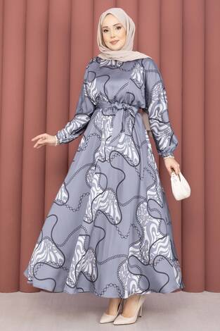 Zincir Desen Kuşaklı Tesettür Elbise İndigo - Thumbnail