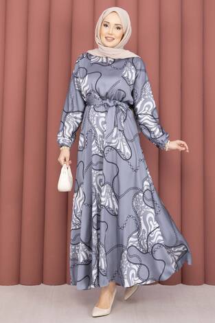 Zincir Desen Kuşaklı Tesettür Elbise İndigo - Thumbnail