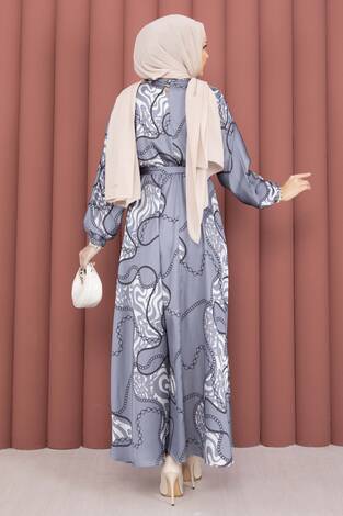 Zincir Desen Kuşaklı Tesettür Elbise İndigo - Thumbnail