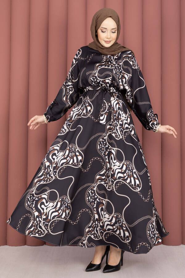 MD - Zincir Desen Kuşaklı Tesettür Elbise Siyah