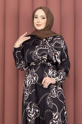 Zincir Desen Kuşaklı Tesettür Elbise Siyah - Thumbnail