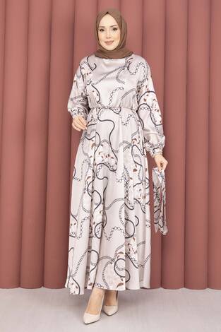 Zincir Desen Kuşaklı Tesettür Elbise Vizon - Thumbnail