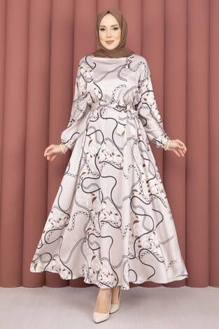 Zincir Desen Kuşaklı Tesettür Elbise Vizon