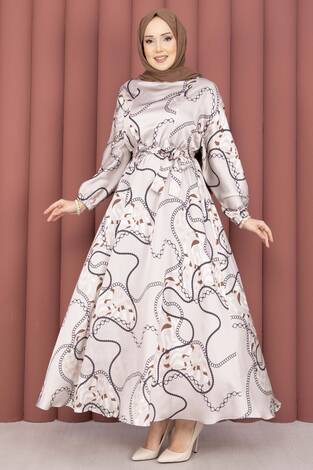 Zincir Desen Kuşaklı Tesettür Elbise Vizon - Thumbnail