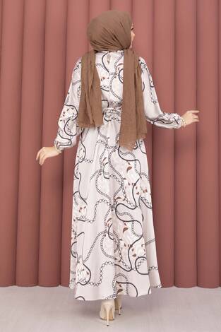 Zincir Desen Kuşaklı Tesettür Elbise Vizon - Thumbnail