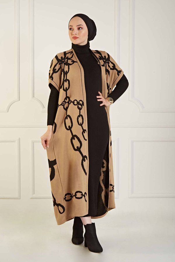 SB - Zincir Desenli Triko İkili Takım 180SB2216 Camel-Siyah