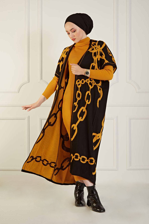 SB - Zincir Desenli Triko İkili Takım 180SB2216 Hardal-Siyah