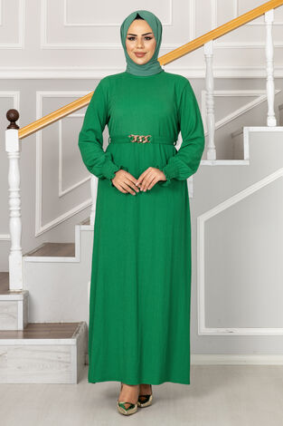Zincir Kemerli Bürümcük Tesettür Elbise Yeşil - Thumbnail