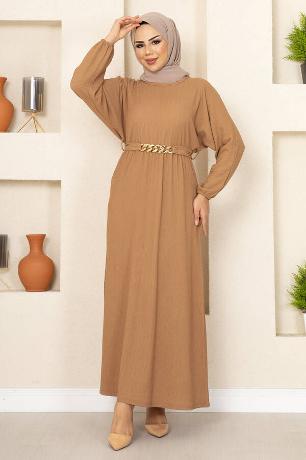 Zincir Kemerli Tesettür Elbise Camel Zincir Kemerli Tesettür Elbise Camel