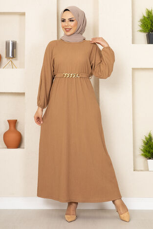 Zincir Kemerli Tesettür Elbise Camel - Thumbnail