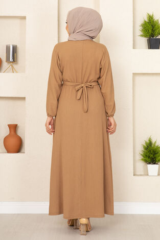 Zincir Kemerli Tesettür Elbise Camel - Thumbnail