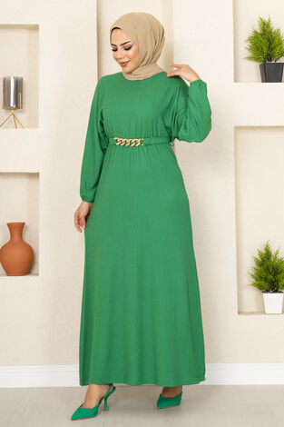 Zincir Kemerli Tesettür Elbise Yeşil - Thumbnail