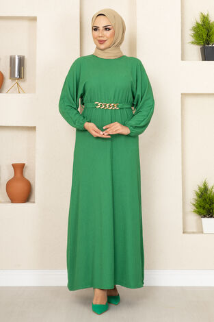 Zincir Kemerli Tesettür Elbise Yeşil - Thumbnail