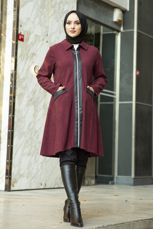 Zippered Coat 10018-3 Burgundy - Thumbnail